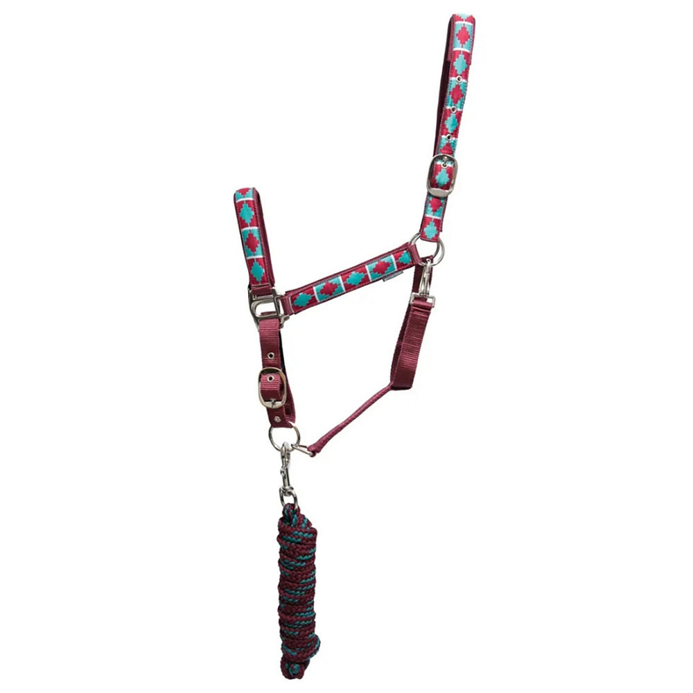 Hy Equestrian Woven Polo Headcollar & Lead Rope Aqua/Fig