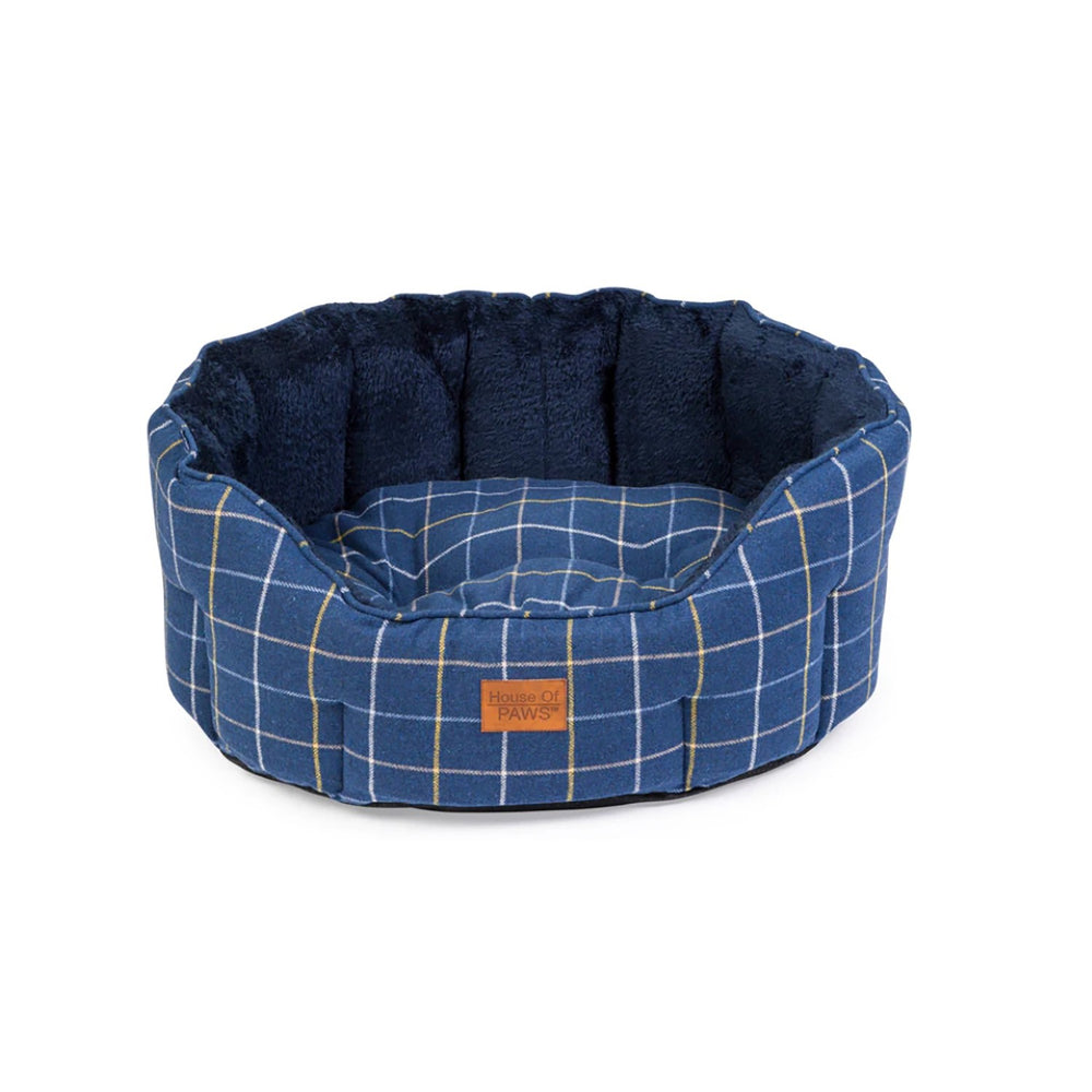 House Of Paws Check Tweed Oval Snuggle Bed Navy