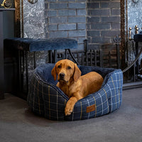 House Of Paws Check Tweed Oval Snuggle Bed Navy