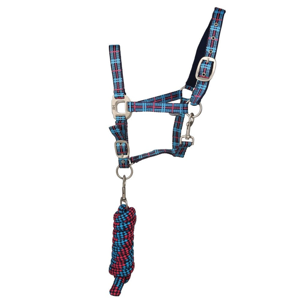 Hy Equestrian Tartan Headcollar With Lead Rope Teal/Pink/Blu