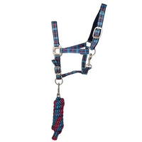 Hy Equestrian Tartan Headcollar With Lead Rope Teal/Pink/Blu