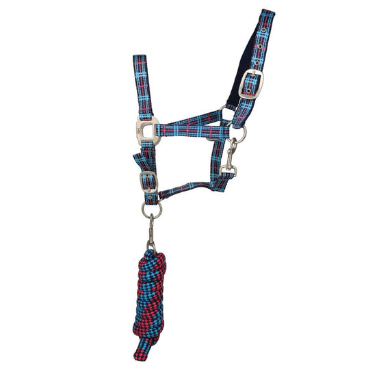 Hy Equestrian Tartan Headcollar With Lead Rope Teal/Pink/Blu