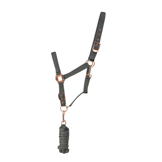 Hy Equestrian Rose Gold Headcollar & Lead Rope Gry/Rose Gold