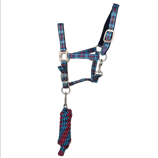 Hy Equestrian Tartan Headcollar With Lead Rope Pink/Blue