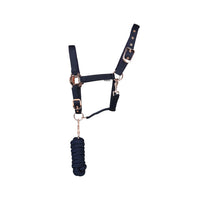 Hy Equestrian Rose Gold Headcollar & Lead Rope Navy/Rose Gld