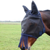 Hy Equestrian Mesh Half Mask With Ears And Fringe Black/Navy
